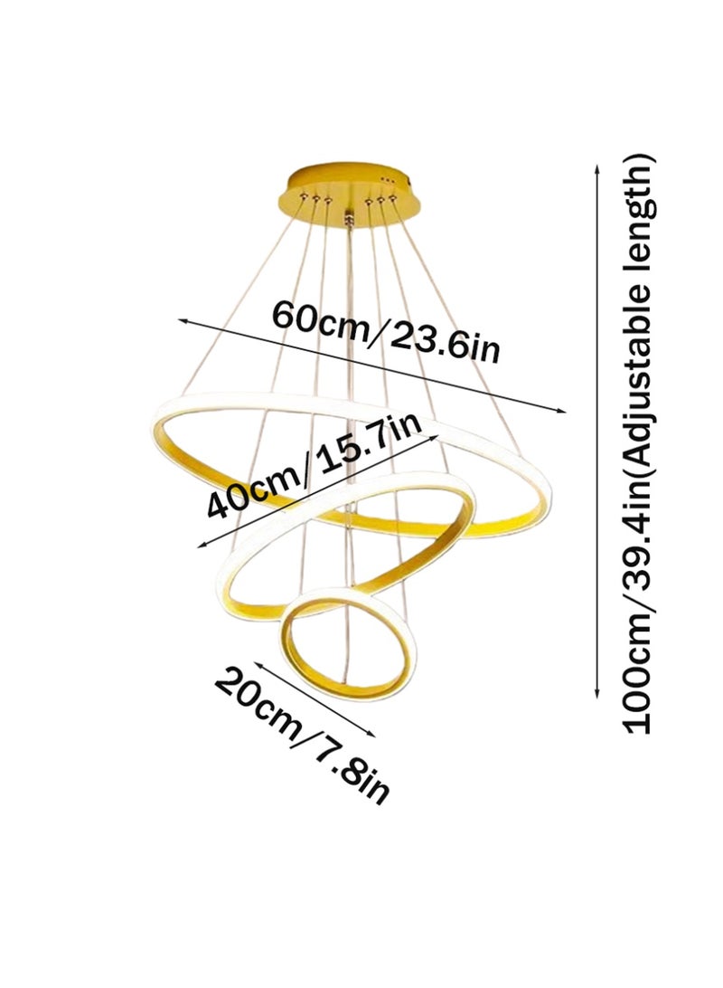 An LED chandelier composed of three light rings, with three adjustable colors of light, adjustable height, controlled by switch or remote control. Suitable for placement on dining tables, living rooms, bedrooms, villas, etc. - Image 4